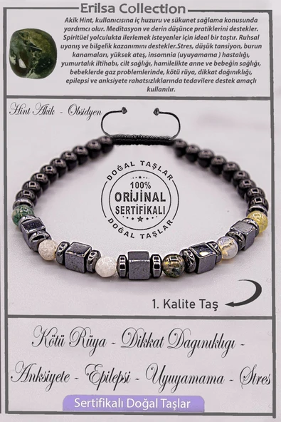 Sertifikalı AAA+ Kalite Gerçek Obsidyen - Hint Akik Taşı Bileklik - Ayarlamalı ürün görseli 1