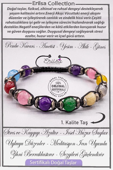 Sertifikalı AAA+ Kalite Fasetli Akuamarin - Ametist - Pembe Kuvars - Akik - Yeşim Taşı Bileklik ürün görseli 1