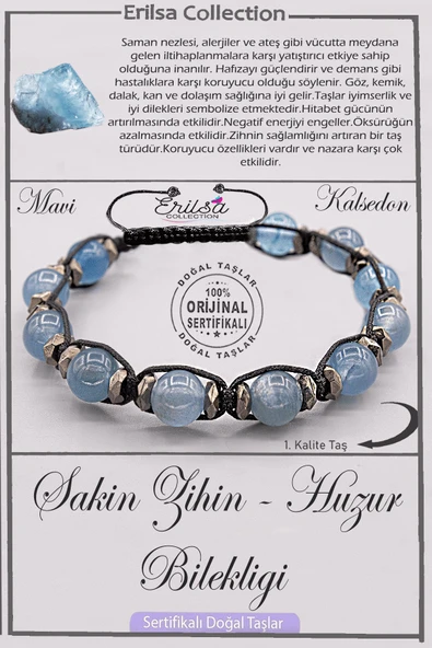 Sertifikalı AAA+ Kalite Doğal Mavi Kalsedon Sakin Zihin Huzur Bilekliği ürün görseli 1