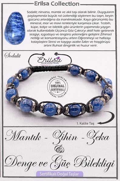 Sertifikalı AAA+ Kalite Doğal Sodalit Taşı Mantık Zeka Zihin Denge Güç Bilekliği ürün görseli 1