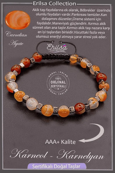 Sertifikalı AAA+ Kalite Gerçek Terahertz - Karneol Karnelyan Akik Taşı Bileklik ürün görseli 1