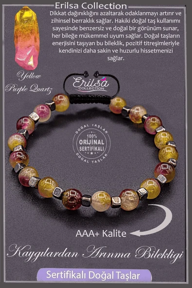 Sertifikalı AAA+ Kalite Gerçek Terahertz - Sarı - Mor Kuvars Taşı Bileklik ürün görseli 1