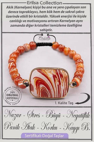 Sertifikalı Gerçek AAA+ Kalite Karnelyan Akik - Karneol Taşı Bileklik - Gold ürün görseli 1