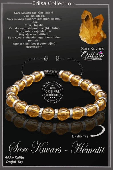 Sertifikalı Hematit - Sarı Limon Kuvars Taşı Bileklik - Ayarlamalı ürün görseli 1