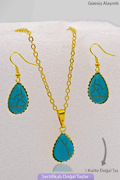 Sertifikalı Damla Tırnaklı Model Firuze Taşı Kolye ve Küpe Seti - Gold Renkli ürün görseli 1