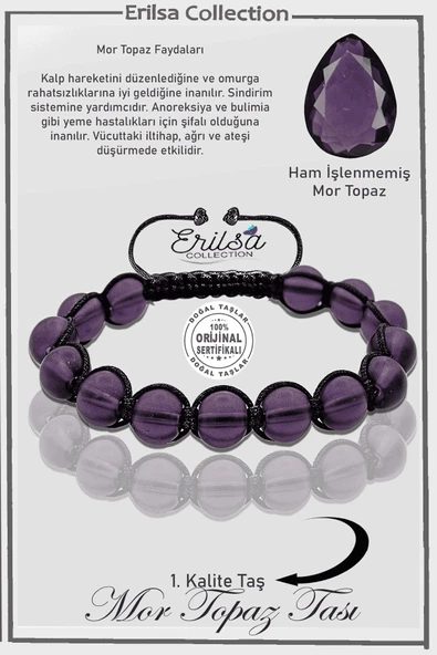 Sertifikalı AAA+ Ham İşlenmemiş Mor Topaz Taşı Bileklik - Ayarlamalı ürün görseli 1