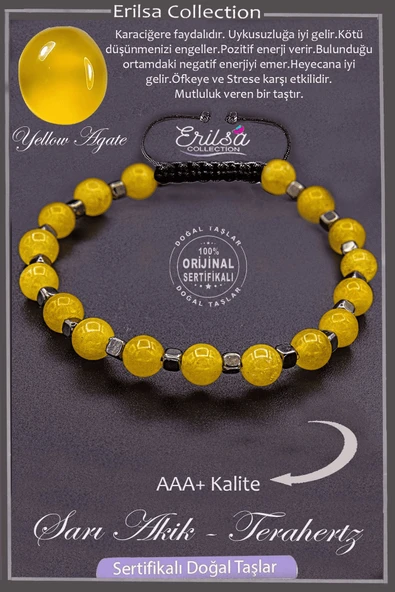 Sertifikalı AAA+ Kalite Gerçek Terahertz - Sarı Akik Taşı Bileklik ürün görseli 1