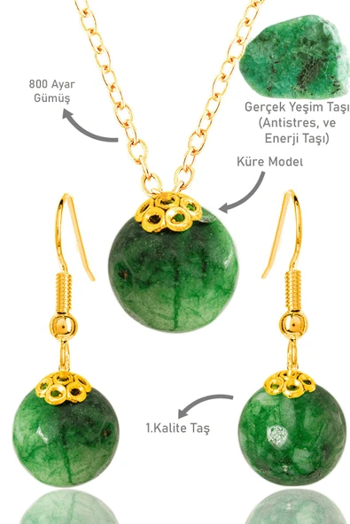 Sertifikalı Küre Model Fasetli Yeşim Taşı Kolye ve Küpe Seti - Gold Renkli ürün görseli 1