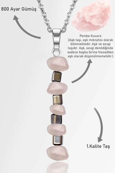 Sertifikalı AAA+ Kırık Taşlı Model Pembe Kuvars Taşı Kolye - Açık Renkli ürün görseli 1
