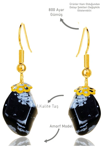 Sertifikalı Amorf Model Ham Karlı Obsidyen Taşı Küpe - Gold Renkli ürün görseli 1