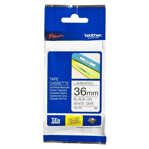 Brother TZE-261 36 mm Beyaz Üzerine Siyah Lamina  8 Metre ürün görseli 1