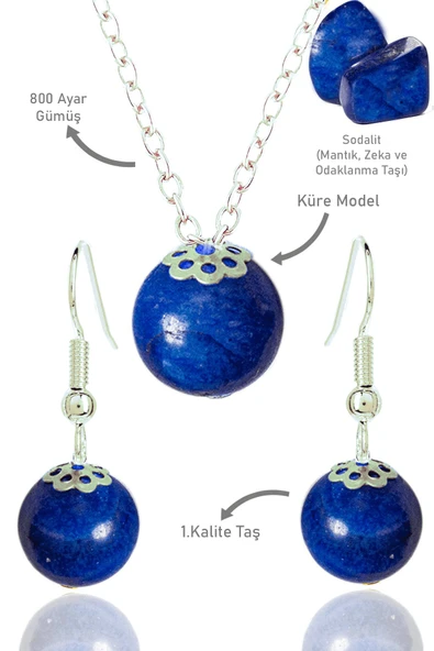 Sertifikalı Küre Model Sodalit Taşı Kolye ve Küpe Seti ürün görseli 1