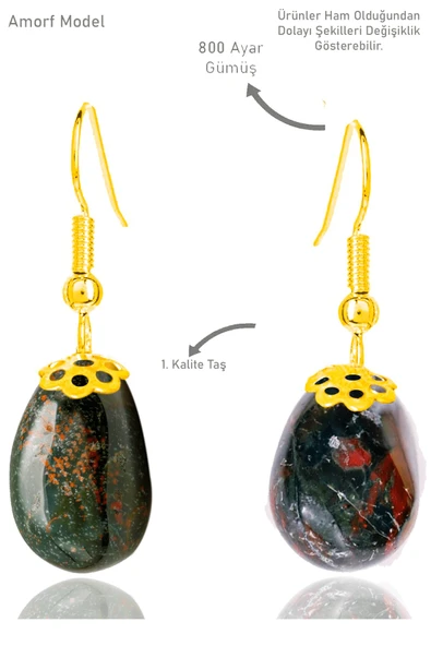 Sertifikalı Amorf Model Kan Taşı Küpe (Heliotrop Taşı) - Gold Renkli ürün görseli 1