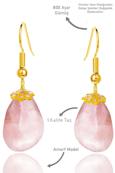 Sertifikalı Amorf Model Ham Pembe Kuvars Taşı Küpe - Gold Renkli ürün görseli 1
