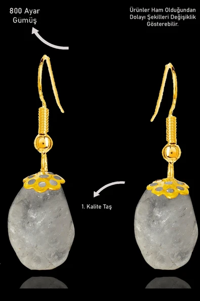 Sertifikalı Amorf Model Ham Kristal Kuvars Taşı Küpe - Gold Renkli ürün görseli 1