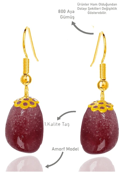 Sertifikalı Amorf Model Çilek Kuvars Taşı Küpe - Gold Renkli ürün görseli 1