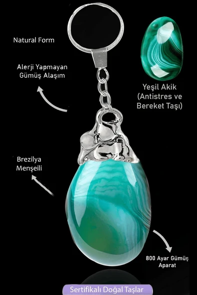 Sertifikalı Ham Model Yeşil Akik Taşı Doğal Taş Anahtarlık ürün görseli 1
