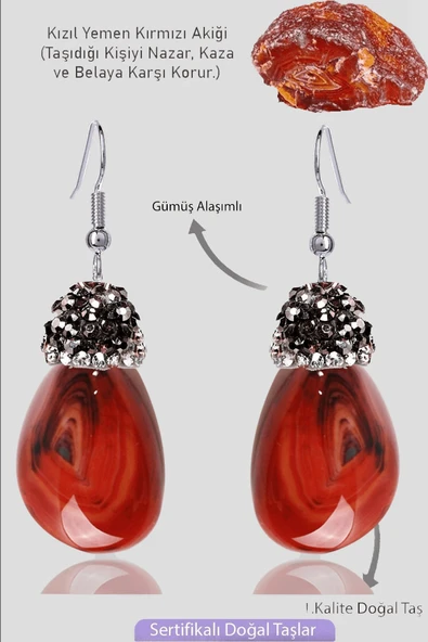 Sertifikalı Zirkon Taşlı Model Ham Yemen Kızıl Akik Taşı Küpe ürün görseli 1