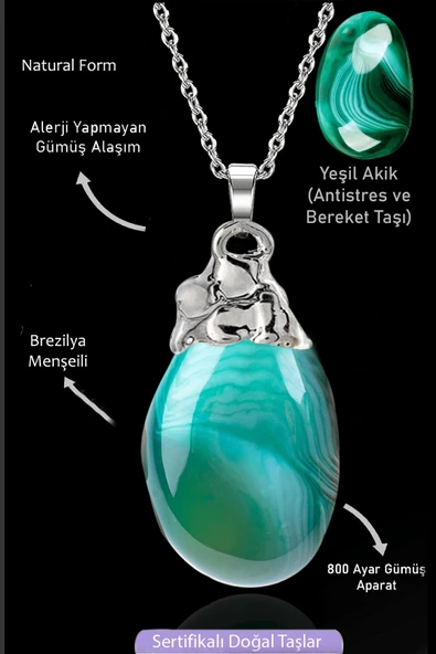 Sertifikalı Tamburlanmış Ham Yeşil Akik Taşı Kolye ürün görseli 1