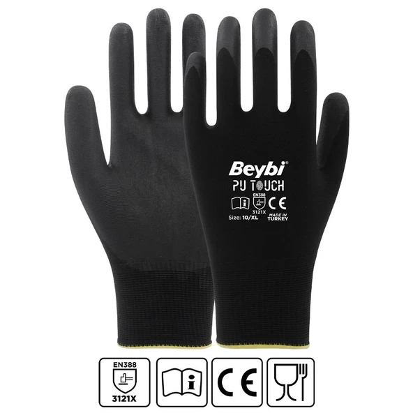 Beybi 7 Beden 12li Paket  Poliüretan Kaplı Pu Touch Siyah Montaj Eldiven  EN388 (3121X) ürün görseli 1
