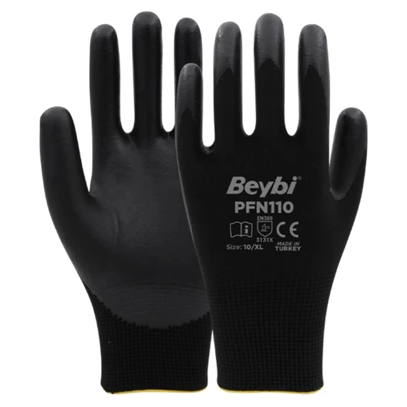 PFN110 9 Beden Siyah Polyester Örgü Üzeri ½ Köpük Nitril Kaplı Eldiven 12li Paket En388 (3131X) ürün görseli 1