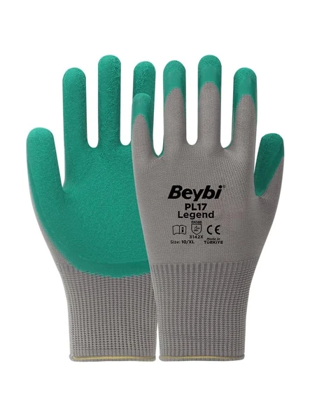 BEYBİ PL17 9 Beden Gri-Yeşil 12li Paket Legend Polyester Örme Lateks Eldiven ürün görseli 1