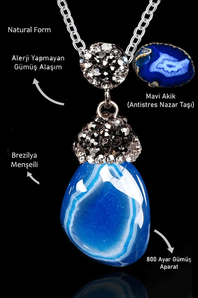 Sertifikalı Zirkon Taşlı Model Ham Mavi Akik Taşı Kolye ürün görseli 1