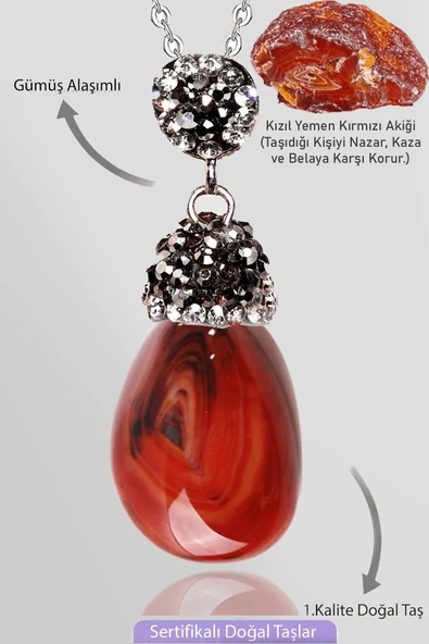 Sertifikalı Zirkon Taşlı Model Ham Kızıl Yemen Akik Taşı Kolye ürün görseli 1