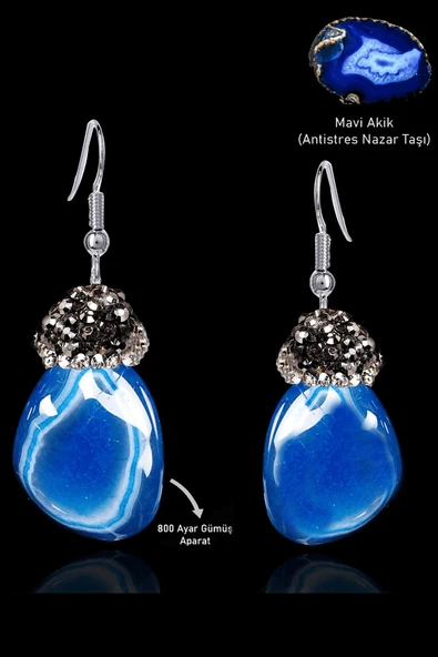 Sertifikalı Zirkon Taşlı Model Ham Mavi Akik Taşı Küpe ürün görseli 1