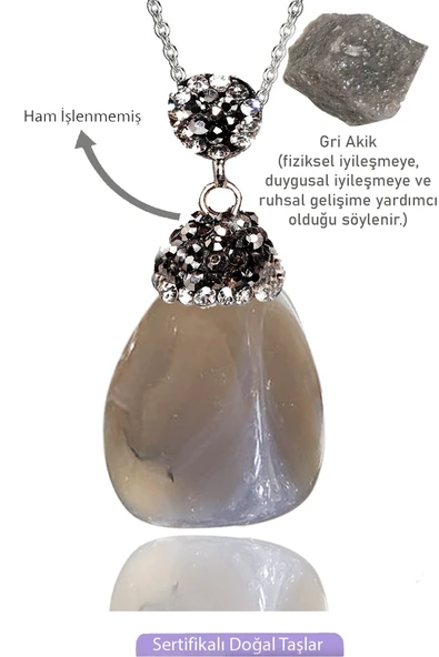 Sertifikalı Zirkon Taşlı Model Ham Gri Akik Taşı Kolye ürün görseli 1