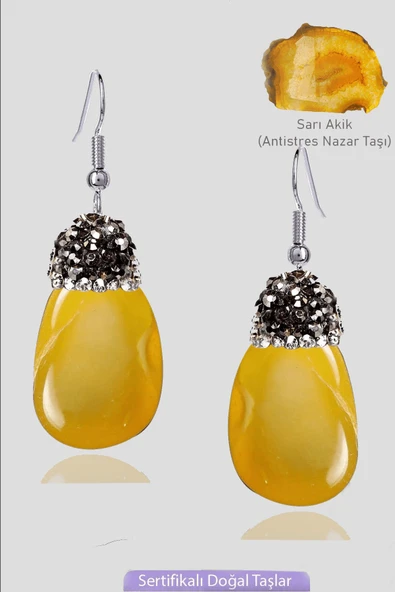 Sertifikalı Zirkon Taşlı Model Ham Sarı Akik Taşı Küpe ürün görseli 1
