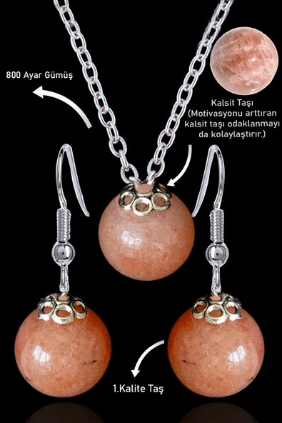 Sertifikalı Küre Model Kalsit Taşı Kolye ve Küpe Seti - Gümüş Aparatlı ürün görseli 1