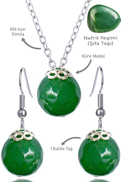 Sertifikalı Küre Model Fasetli Nefrit Yeşim Taşı Kolye ve Küpe Seti - Gümüş Aparatlı ürün görseli 1