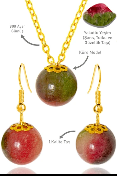 Sertifikalı Gold Küre Model Yakutlu Yeşim Taşı Kolye ve Küpe Seti - Gümüş Aparatlı ürün görseli 1
