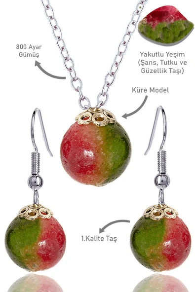 Sertifikalı Küre Model Yakutlu Yeşim Taşı Kolye ve Küpe Seti - Gümüş Aparatlı ürün görseli 1