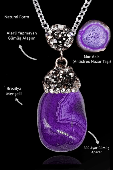 Sertifikalı Zirkon Taşlı Model Ham Mor Akik Taşı Kolye ürün görseli 1