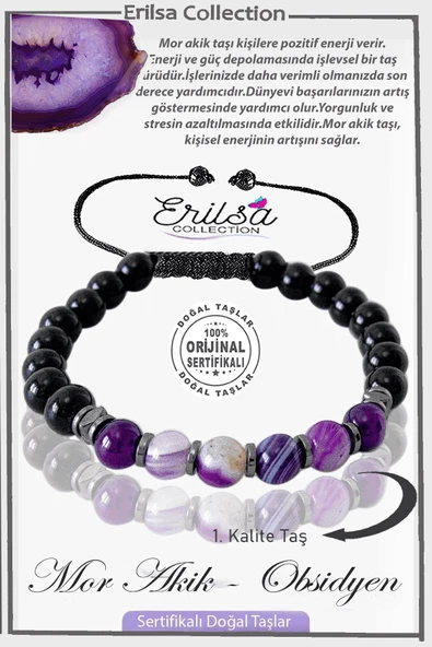 Sertifikalı Gerçek Hematit - Obsidyen - Mor Akik Taşı Bileklik ürün görseli 1