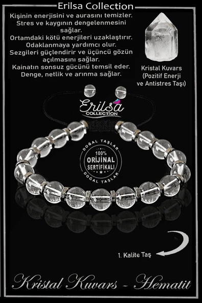 Sertifikalı Orijinal Hematit - Kristal Kuvars Taşı Bileklik - Ayarlamalı ürün görseli 1