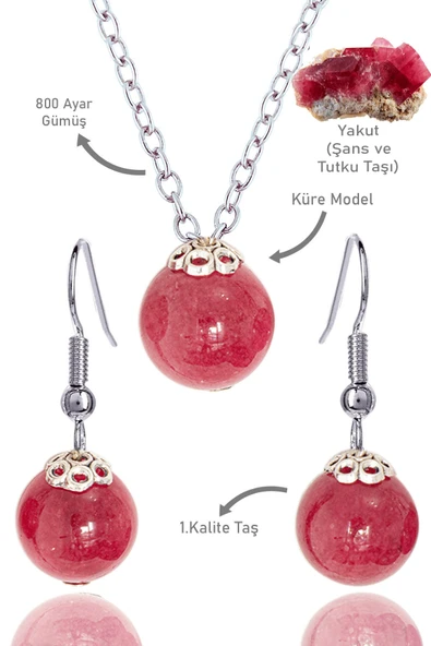 Sertifikalı Küre Model Yakut Taşı Kolye ve Küpe Seti - Gümüş Aparatlı ürün görseli 1