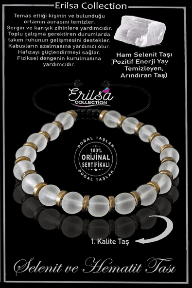 Sertifikalı Gerçek Hematit - Selenit Taşı Bileklik - Ayarlamalı ürün görseli 1