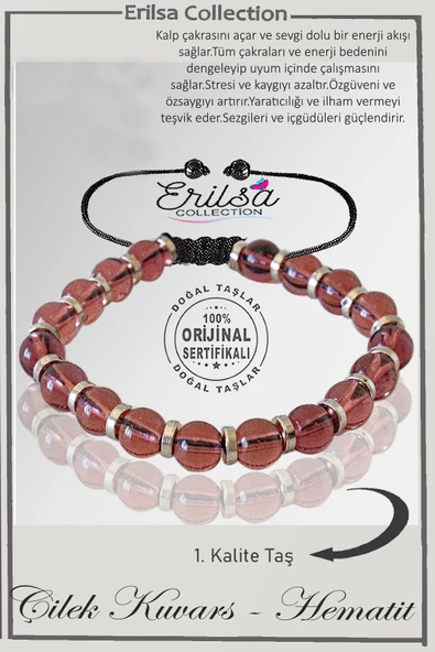 Sertifikalı Silver Fasetli Hematit - Çilek Kuvars Taşı Bileklik - Ayarlamalı ürün görseli 1
