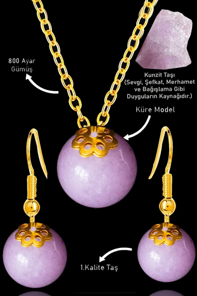 Sertifikalı Küre Model Kunzit Taşı Kolye ve Küpe Seti - Gümüş Aparatlı ürün görseli 1