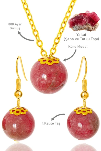 Sertifikalı Gold Küre Model Yakut Taşı Kolye ve Küpe Seti - Gümüş Aparatlı ürün görseli 1