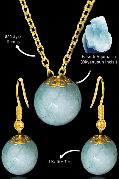 Sertifikalı Gold Fasetli Akuamarin Taşı Kolye ve Küpe Seti ürün görseli 1