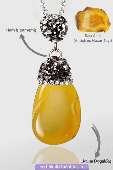 Sertifikalı Zirkon Taşlı Model Ham Sarı Akik Taşı Kolye ürün görseli 1