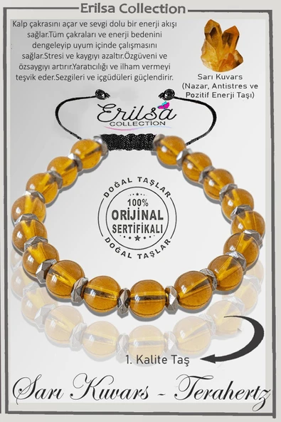 Sertifikalı Fasetli Hematit - Sarı Limon Kuvars Taşı Bileklik- Ayarlamalı ürün görseli 1