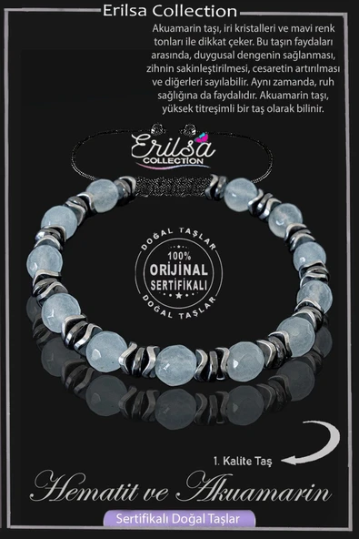Sertifikalı Gerçek Fasetli Hematit - Akuamarin Taşı Bileklik ürün görseli 1