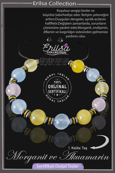 Sertifikalı Gerçek Hematit - Morganit - Akuamarin Taşı Bileklik ürün görseli 1