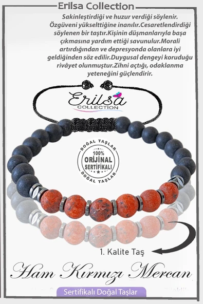 Sertifikalı Gerçek Ham İşlenmemiş Oniks - Kırmızı Mercan Taşı Bileklik ürün görseli 1