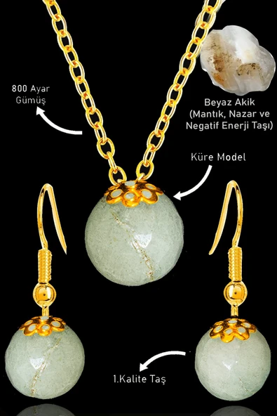 Sertifikalı Gold Küre Model Beyaz Akik Taşı Kolye ve Küpe Seti - Gümüş Aparatlı ürün görseli 1